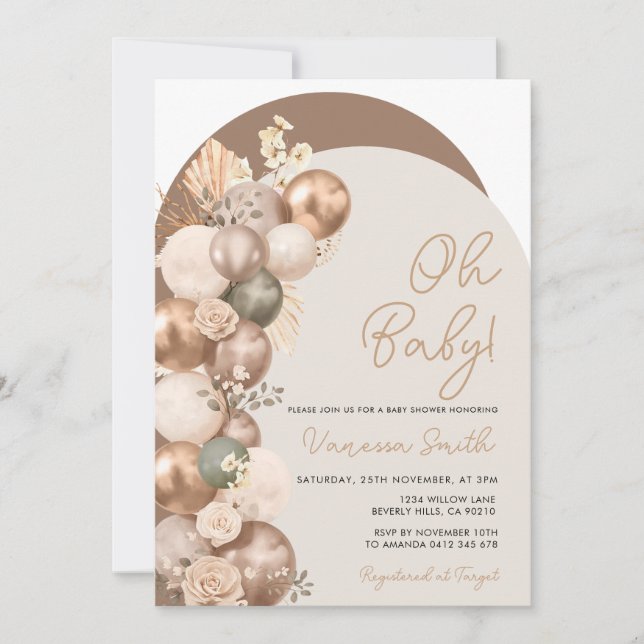 Convites Bebê balão champanhe dourado sage neutro aniversár (Frente)