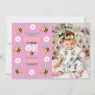 Convites Bebe Birthday Photo Party Flower Daisy Pink