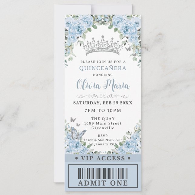 Convites Bebê Blue Floral Borboleta Quinceañera VIP Ticket (Frente)