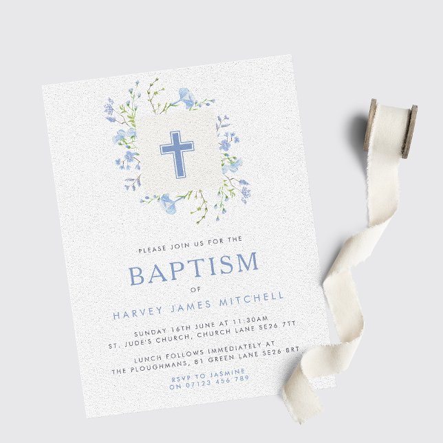 Convites Bebê Blue Floral Wreath & Cross Baptism (Criador carregado)