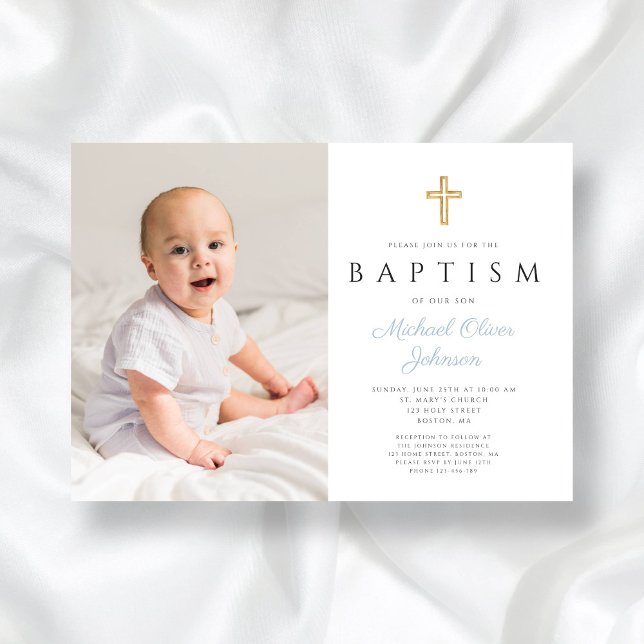 Convites Bebê Blue Script Cross Boy Foto Baptism (Baby Blue Script Cross Boy Photo Baptism Invitation)