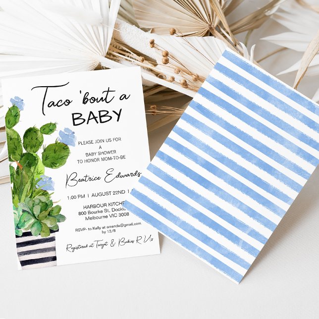Convites Bebê Blue Taco sobre um Chá de fraldas de bebê Cac (Taco Bout a Baby Baby Shower Invitation Fiesta Baby Shower Taco Bout a Boy Blue Floral)