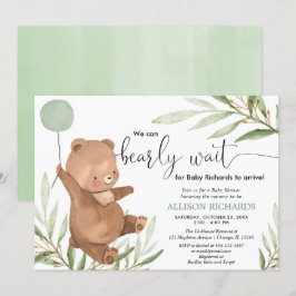 Convites Bebê bonito urso verde-ouro chá neutro por gênero