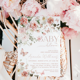 Convites Bebê borboleta em Chá de fraldas Floral Cor-de-Ros