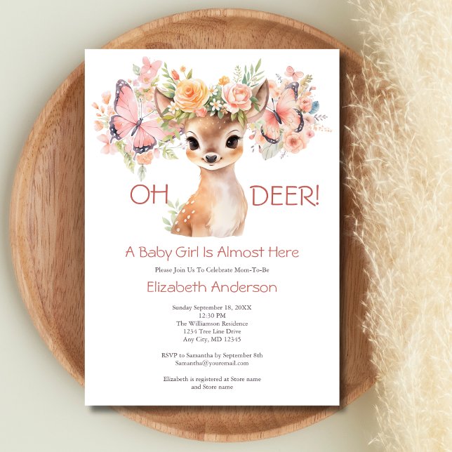 Convites Bebê Borboleta Rosa Chá de fraldas Floral Rosa (Baby Deer Butterflies Watercolor Pink Florals Baby Shower Invitation Woodland animals.)