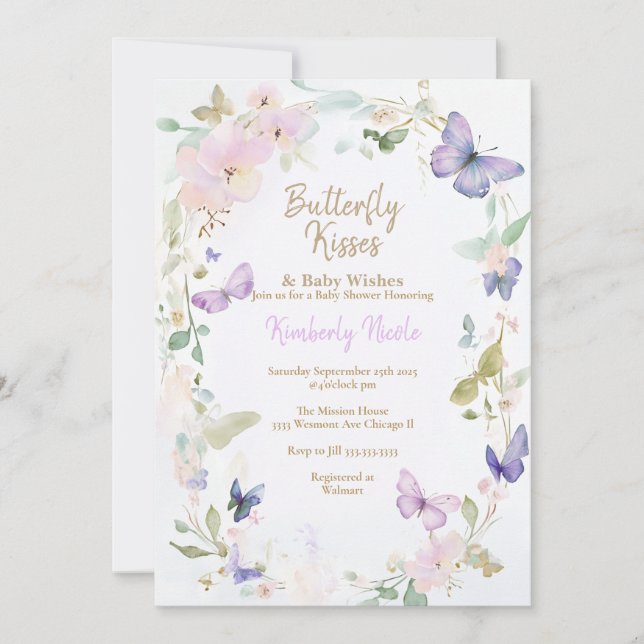 Convites Bebê borboletas roxas chá de fraldas (Frente)