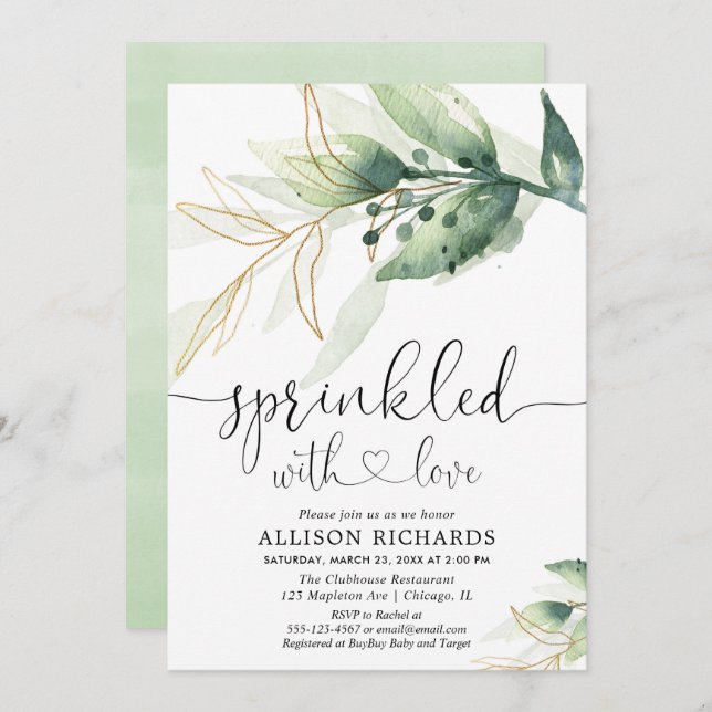 Convites Bebê borrifa verde-ouro neutro (Frente/Verso)