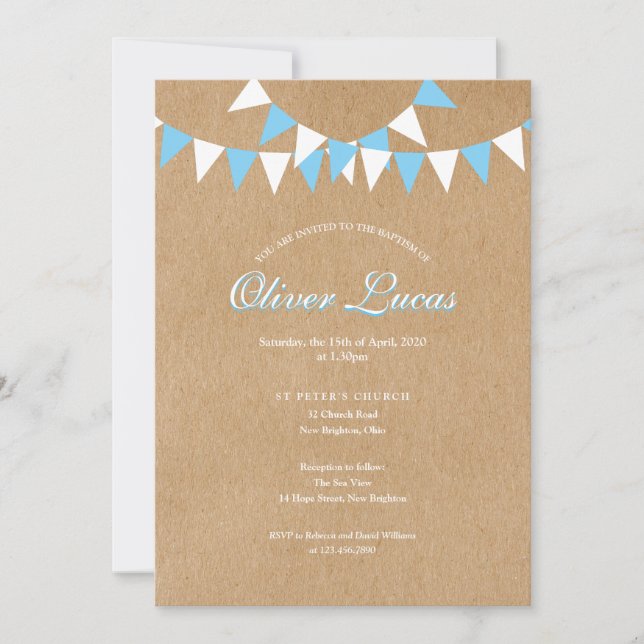 Convites Bebê Bunting Blue Baptism Christening Rustic (Frente)