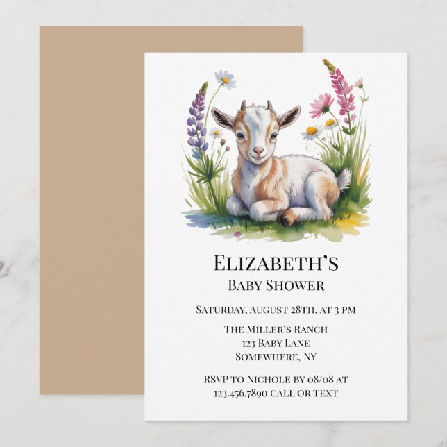 Convites Bebê Cabrito em Aquarela com Flores Silvestres Chá (Frente/Verso)