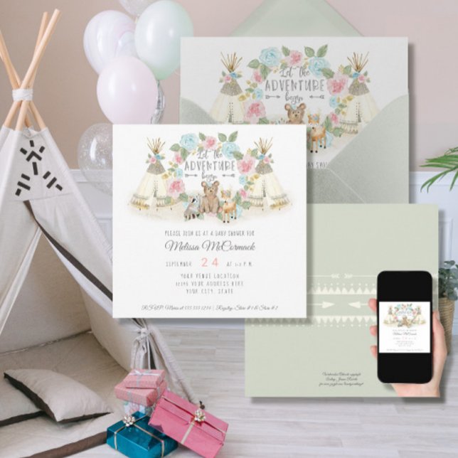 Convites Bebê Chá Aventura Começa Urso De Tepee (Criador carregado)