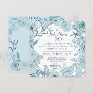 Convites Bebê Chá Azul Aquarela Folhagem Floral