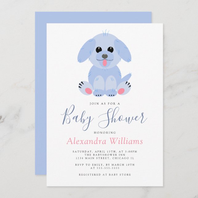 Convites Bebê Chá Blue Personalizado Puppy (Frente/Verso)