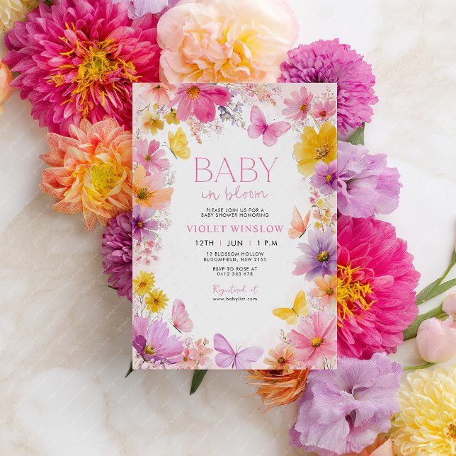 Convites Bebê chá de fraldas na borboleta borboleta rosa pú (Bright Floral Baby In Bloom Baby Shower Invitation in purple, pink, yellow and peach. )