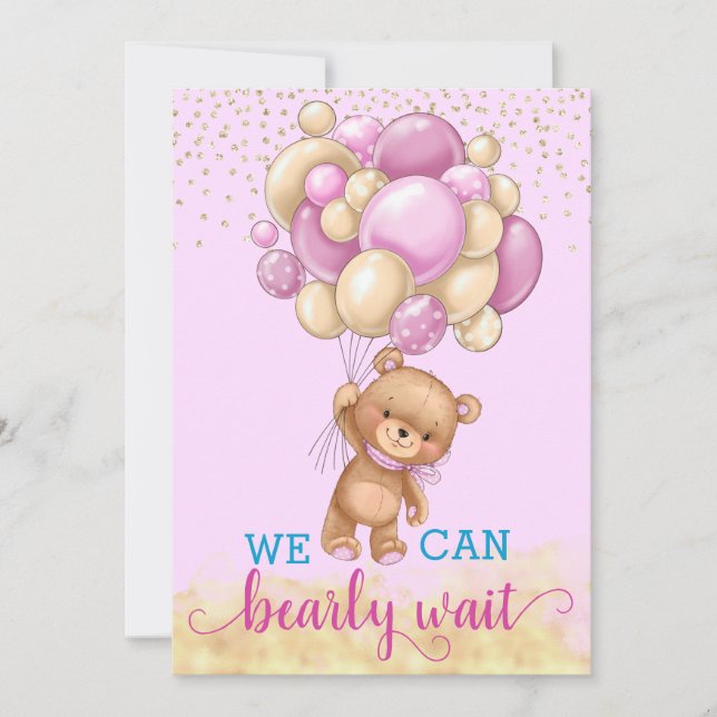 Convites Bebê Chaveirinho de Ursinho Rosa e Dourado com Bal (Frente)