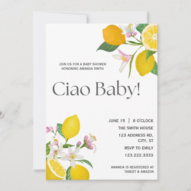 Convites "Bebê Ciao" Lindos Limões e Flores Italianos (Frente)