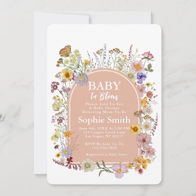 Convites Bebê com flor de flor selvagem rosa empoeirado (Frente)