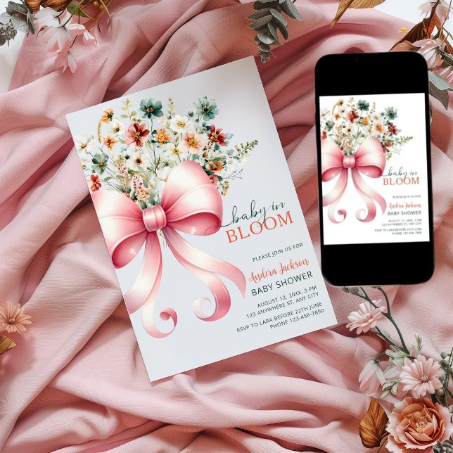 Convites Bebê com Laço Rosa em Flor Bebê de Flor Silvestre  (Criador carregado)