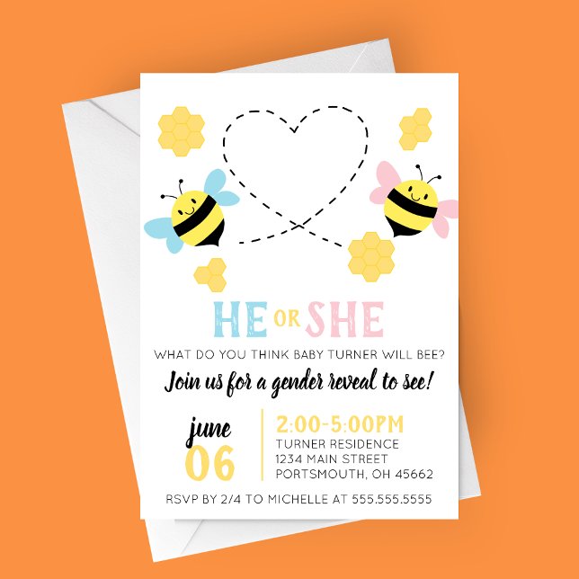 Convites Bebê Considerado Partido de Revolução de Gênero (He or She What Will Baby Bee? Bee Themed Summer Gender Reveal Party Invitation)