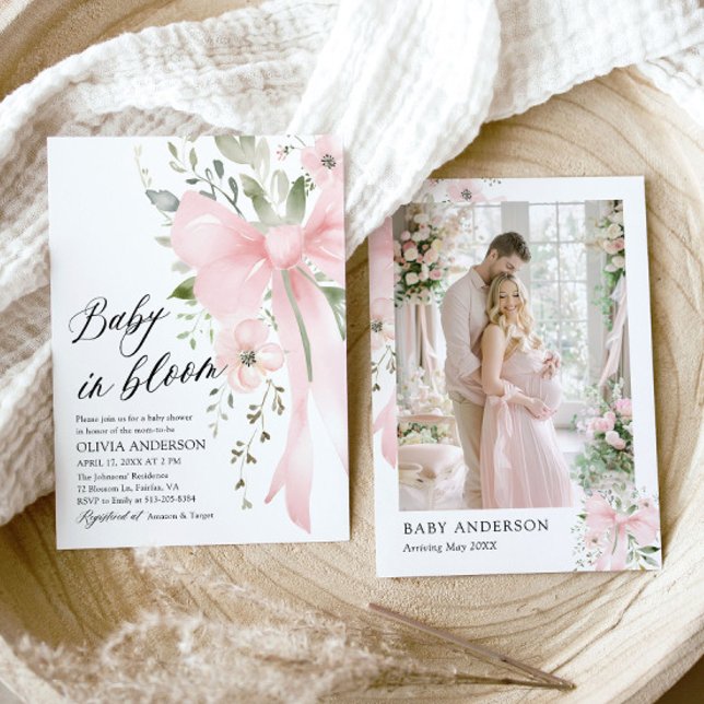 Convites Bebê cor-de-rosa com Chá de fraldas de Bloqueio Fl (Watercolor Cute Pink Bow Baby in Bloom Floral Girl Baby Shower Invitation)