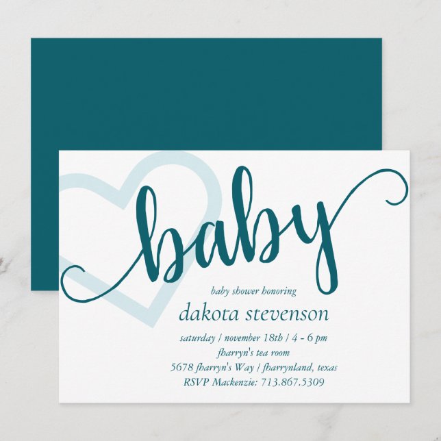 Convites Bebê Coração | Teal Dark Midnight Green Flourish (Frente/Verso)
