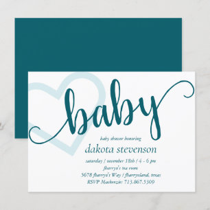 Convites Bebê Coração   Teal Dark Midnight Green Flourish