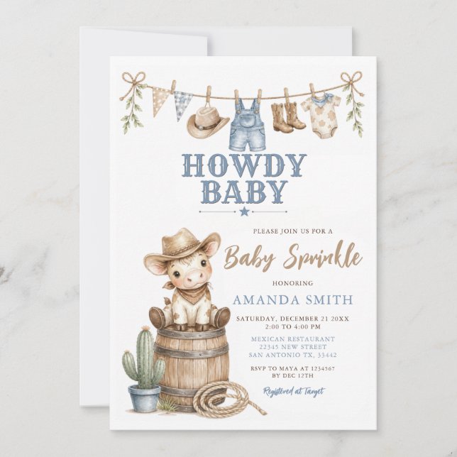 Convites Bebê Cowboy Bebê Howdy Sprinkle Fofo  (Frente)