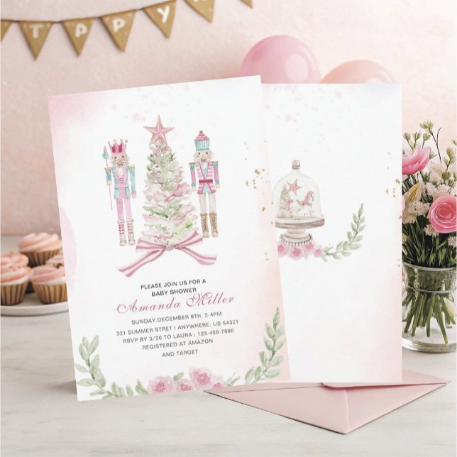 Convites Bebê de ballet quebra-nozes de Natal aquarela rosa (Criador carregado)