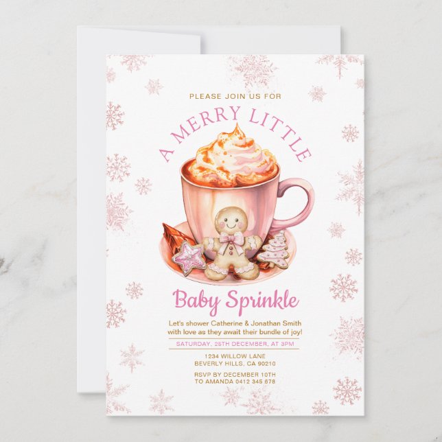 Convites Bebê de Biscoito de Natal com Floco de Neve Rosa (Frente)