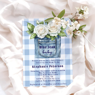 Convites Bebê de Blue Jean Floral Xadrez Menino Chá de Bebê