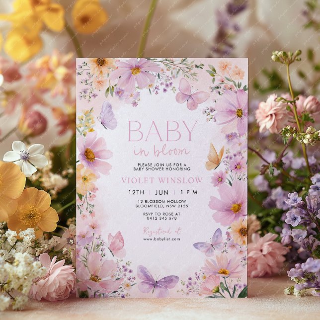Convites Bebê de Chá de fraldas Floral na Blogosfera Rosa F (Baby In Bloom Purple Invitation Baby Shower. )