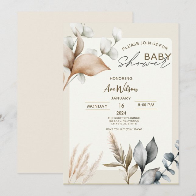 Convites Bebê de eucalipto botânico Rustic Pampas Grass Boh (Frente/Verso)