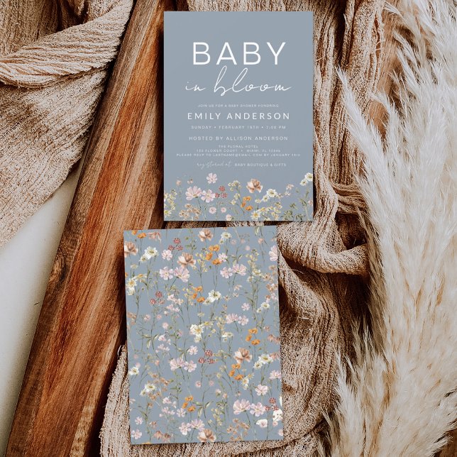 Convites Bebê de flor selvagem azul empoeirado em Chá de fr (Criador carregado)