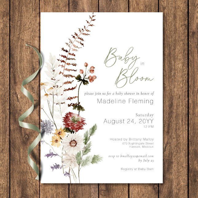 Convites Bebê De Flor Selvagem Em Chá de fraldas De Sangue (Boho Wildflower Baby In Bloom Baby Shower Invitation)