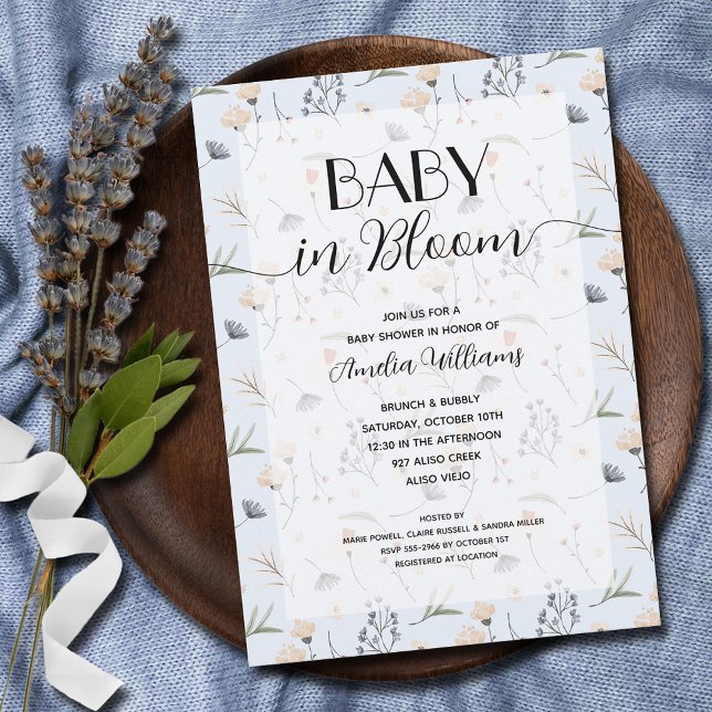 Convites Bebê de flor selvagem no Chá de Bloomia Blue Boy (Baby in Bloom wildflowers on blue boy baby shower invitations - INSTANT DOWNLOAD and/or PRINTED)
