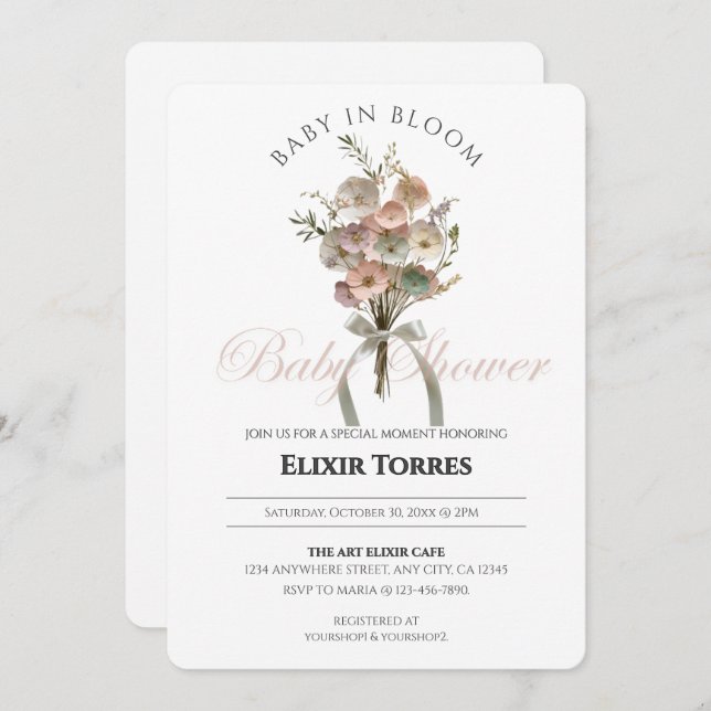 Convites Bebê de Flor Selvagem Preso no Chá de fraldas Bloo (Frente/Verso)