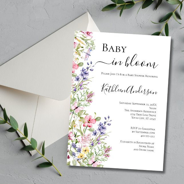 Convites Bebê de Flores Silvestres em Flor Rosa Roxo Chuvin (Wildflowers Baby in Bloom Pink Purple Flowers Dragonfly Baby Shower invitation)