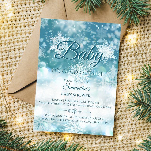 Convites Bebê de inverno está frio fora do chá de fraldas (Baby it's cold outside winter baby shower editable template invitation teal blue bokeh snowflakes)