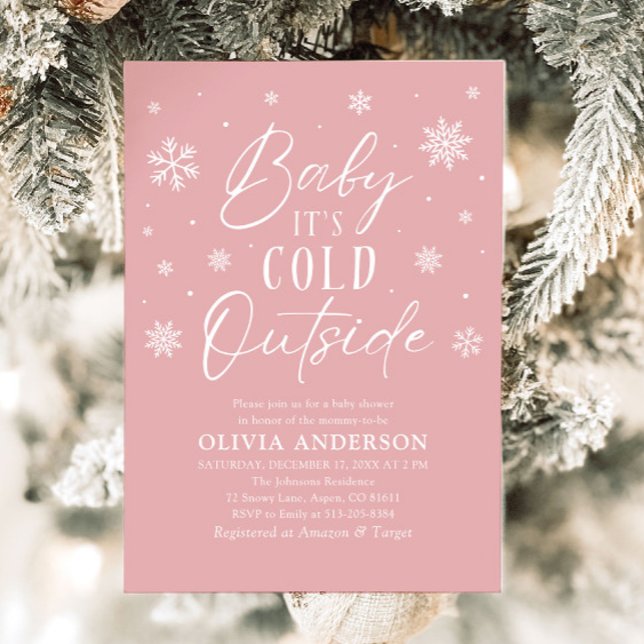 Convites Bebê de inverno rosa É frio fora do Chá de fraldas (Pink Winter Baby It's Cold Outside Baby Shower Invitation)