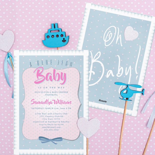 Convites Bebê de Jeans Azul Festa de Bebê Menina Rosa (Blue Jean Oh Baby! Cute Pink Denim Blue Western Country Girl Baby Shower Invitation)