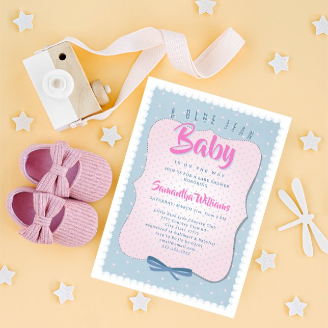 Convites Bebê de Jeans Azul Rosa Fofo Chuveiro de Bebê Meni (Blue Jean Baby Pink Cute Denim Blue & Pink Western Country Polka Dots Girl Baby Shower Invitation)