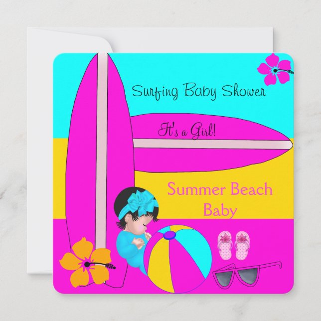 Convites Bebê de Verão Chuveiro Menina Praia Bebê Surfando  (Frente)
