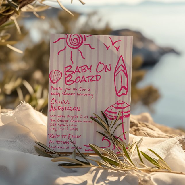 Convites Bebê Desenhado a Bordo Surf Verão Menina Chá de Be (Criador carregado)