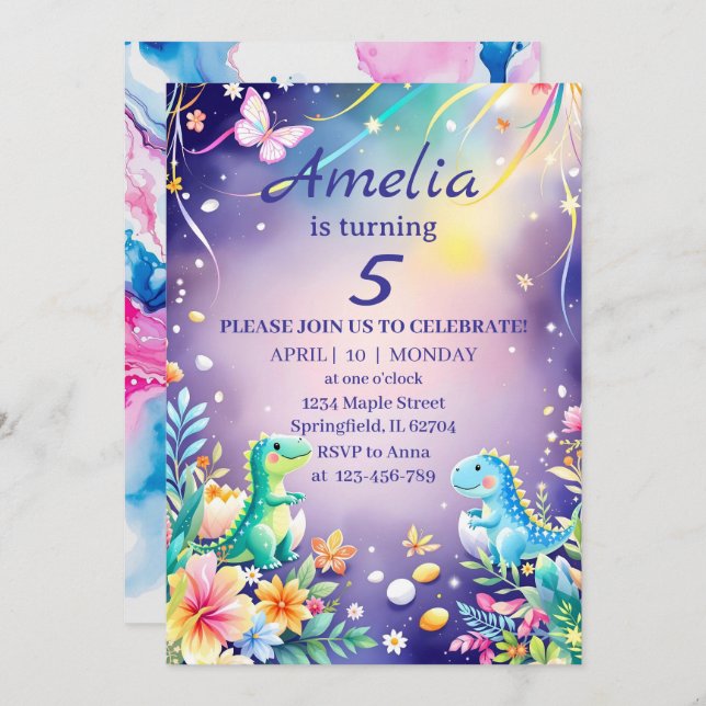 Convites Bebê dinossauro verde fofo com tema azul (Frente/Verso)