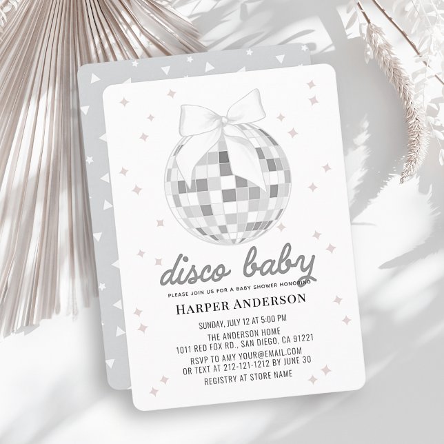 Convites Bebê Disco Bola de Disco Prata Laço Chuvinha de Be (Criador carregado)