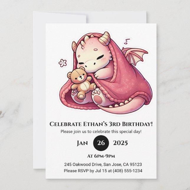 Convites Bebê Dragão Rosa Dormindo com Aniversário de Teddy (Frente)