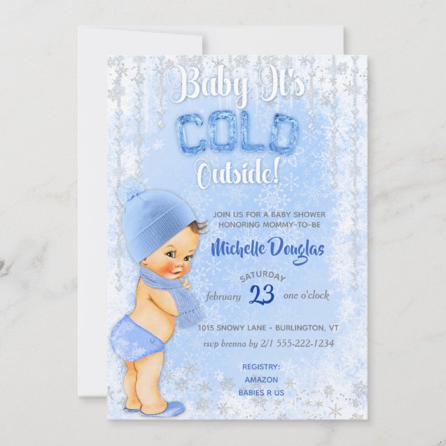 Convites Bebê É Floco de Neve Frio Azul Menino Chuveiro (Frente)