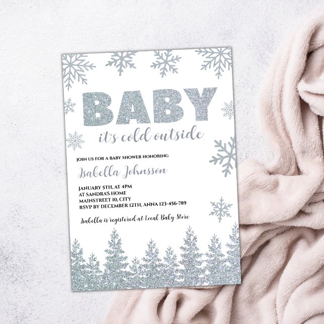 Convites Bebê É Frio Fora do Chá de fraldas do Inverno (winter wonderland baby shower invitation silver glitter woodland)