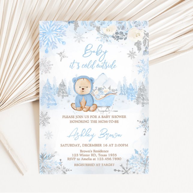 Convites Bebê É Frio Fora Do Chá de fraldas Do Urso Azul (Blue Winter Bear Baby Shower Invitation )