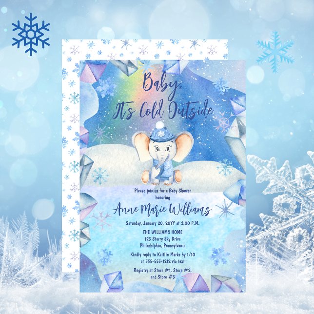 Convites Bebê É Frio Fora do Chá de fraldas Elefante ("Baby, It's Cold Outside" Cute Elephant in Cap and Scarf Snowy and Icy Winter Baby Shower Invitation)