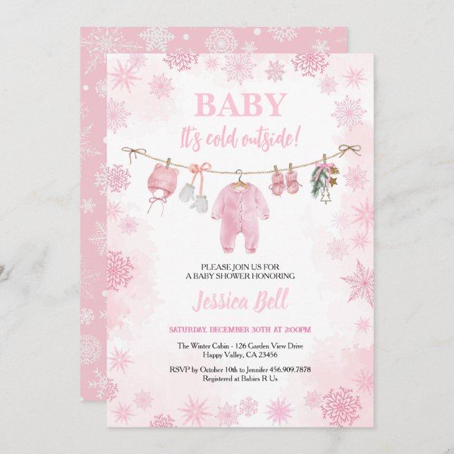 Convites Bebê É Frio Fora do Chá de fraldas Menina Rosa Inv (Frente/Verso)